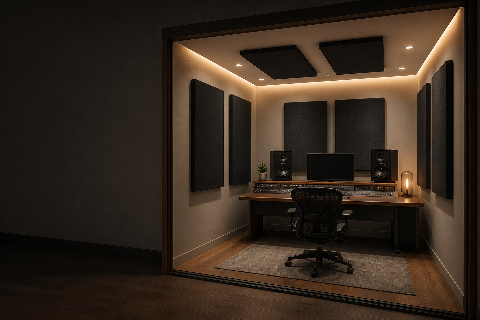 Studio odsłuchowe z rozmieszczonymi panelami akustycznymi BLL